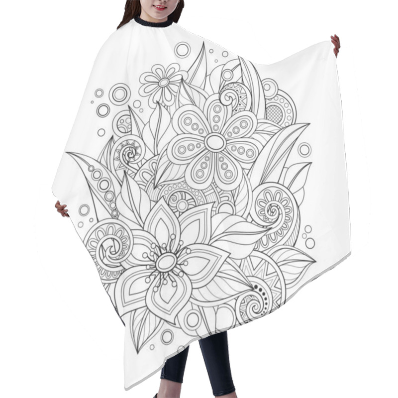 Personality  Monochrome Floral Illustration In Doodle Style With Decorative Composition Of Flowers With Leaves And Swirls. Vector Contour Art Hair Cutting Cape