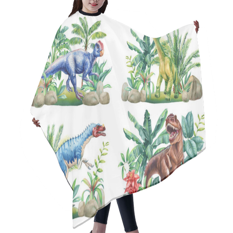 Personality  Watercolor Dinosaur Set Illustration With Prehistoric Landscape, Plants And Palm Tree. Green Dinosaur, Tropical Clipart. High Quality Illustration. Mesozoic Era Hair Cutting Cape