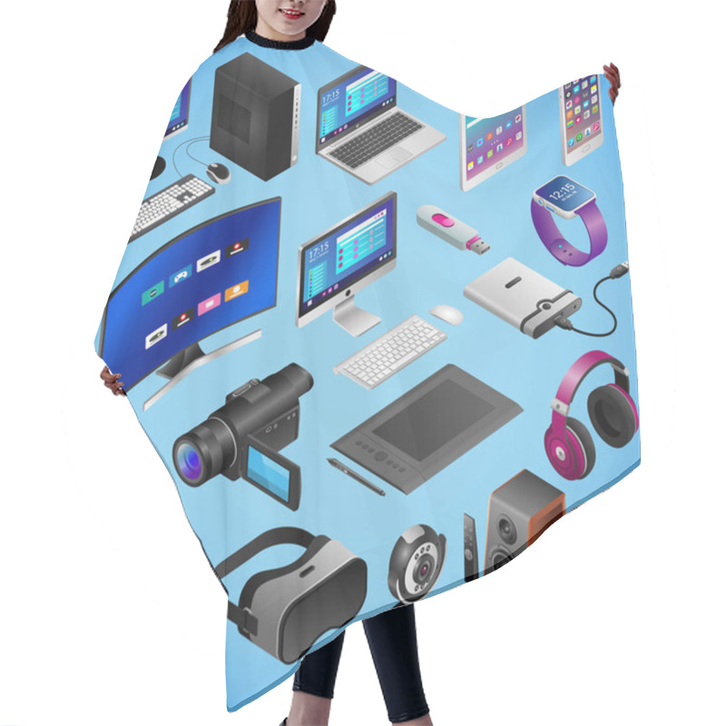 Personality  Realistic Digital Devices In Isometry On Blue Background. Big Vector Set. Hair Cutting Cape