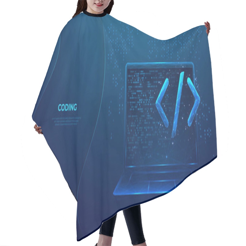 Personality  Abstract Programming Code Icon On A Laptop Screen In Light Blue Low Poly Futuristic Style On Technology Background. Program And Software Development. Digital Web Code. Polygonal Vector Illustration. Hair Cutting Cape