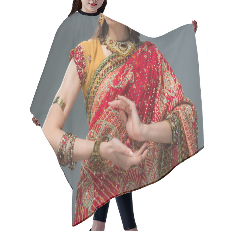 Personality  Cropped View Of Attractive Indian Woman Gesturing In Traditional Clothing, Isolated On Grey  Hair Cutting Cape