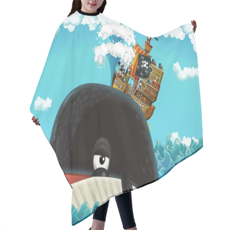 Personality  Cartoon Scene With Pirate Ship Sailing Through The Seas With Happy Pirates Meeting Swimming Whale - Illustration For Children Hair Cutting Cape