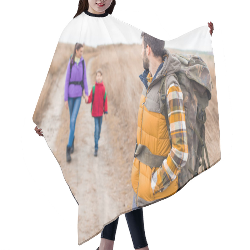 Personality  Man With Wife And Son Backpacking Hair Cutting Cape