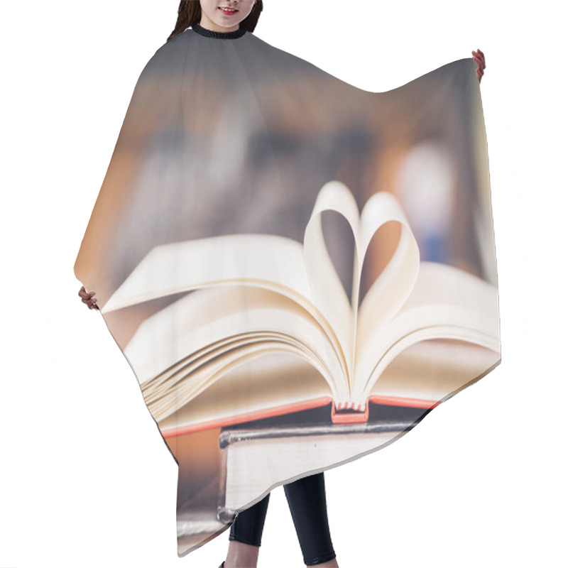 Personality  Love To Reading A Book Concept. Open Book With Heart Shape By Books Page In Vintage Style. Education, Valentines Day Background. Hair Cutting Cape