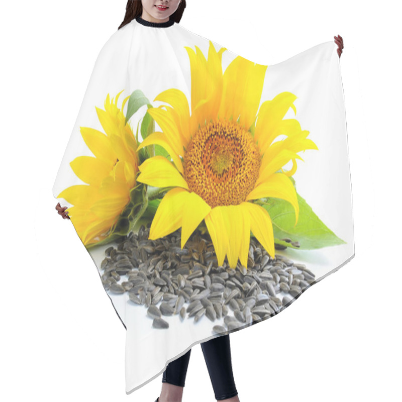 Personality  Yellow Sunflowers And Sunflower Seeds On A White Background Hair Cutting Cape