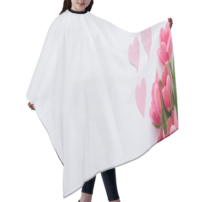 Personality  Top View Of Bouquet Of Tulips Near Paper Hearts On White, Banner Hair Cutting Cape