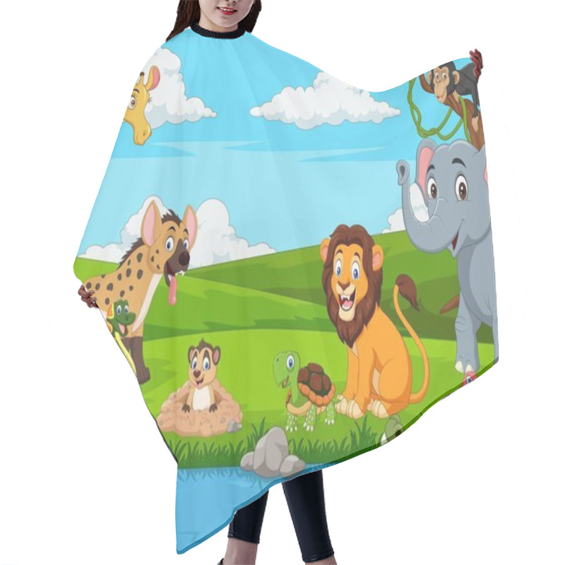 Personality  Cartoon African Landscape With Wild Animals Hair Cutting Cape