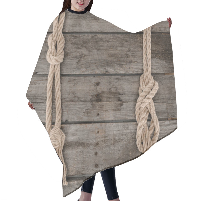 Personality  Flat Lay With Marine Ropes With Knots On Grunge Wooden Tabletop Hair Cutting Cape