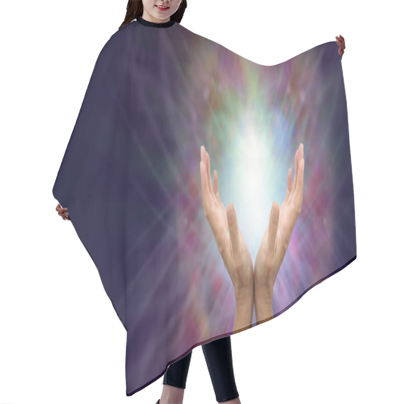 Personality  Sending You Gentle Healing Energy - Female Hands Facing Upwards Against A Beautiful Colourful Energy Formation With A Space For Copy On The Left Side                                Hair Cutting Cape