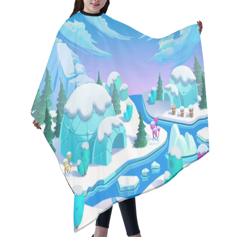 Personality  The Eskimo Igloo Town. The Bridge, The Ice River, The Ice Mountain, The Ice Flowers, The Green Pine Trees. Realistic Cartoon Style Creative Scenery, Wallpaper, Background Design. Illustration Hair Cutting Cape