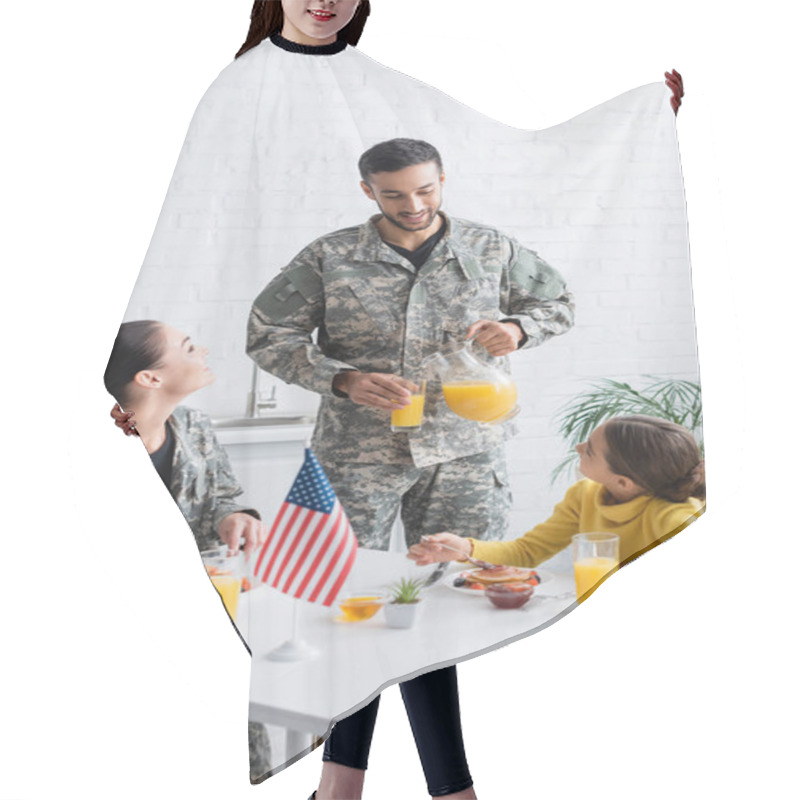 Personality  Man In Military Uniform Pouring Orange Juice Near Family And American Flag During Breakfast At Home  Hair Cutting Cape