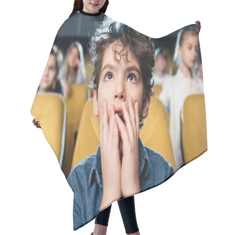 Personality  Selective Focus Of Surprised Mixed Race Boy Watching Movies Together With Friends Hair Cutting Cape