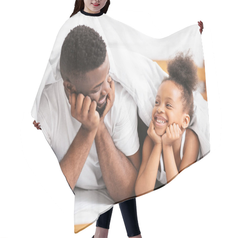 Personality  Cute African Dad And Daughter Lying On Bed And Smiling To Each Other Hair Cutting Cape