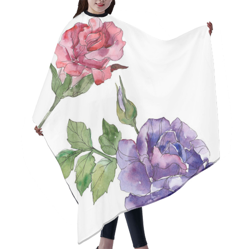 Personality  Red And Purple Rose Floral Botanical Flowers. Wild Spring Leaf Wildflower Isolated. Watercolor Background Illustration Set. Watercolour Drawing Fashion Aquarelle. Isolated Rose Illustration Element. Hair Cutting Cape