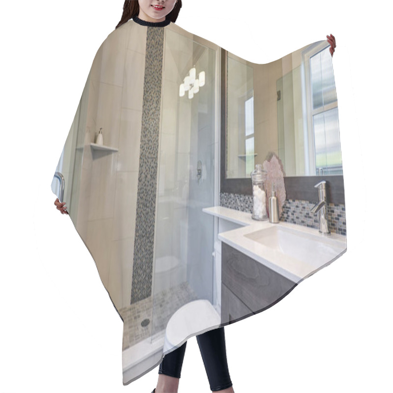 Personality  Bright New Bathroom Interior With Glass Walk In Shower Hair Cutting Cape