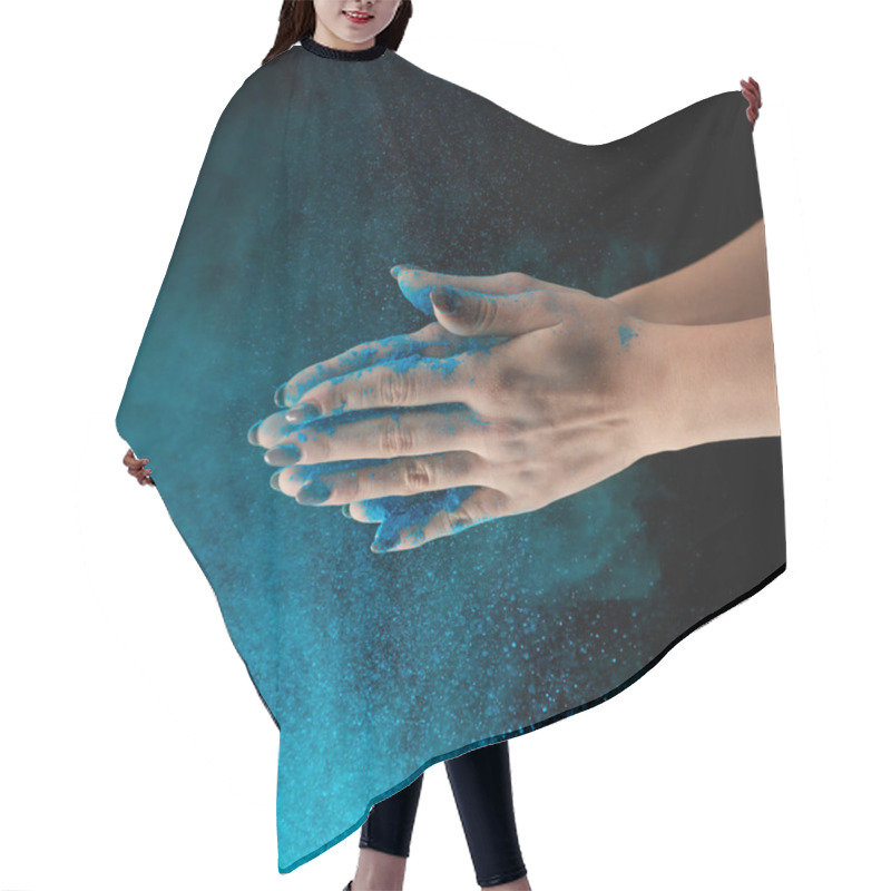 Personality  Cropped View Of Adult Woman Holding Blue Holi Powder And Clapping On Black Background Hair Cutting Cape