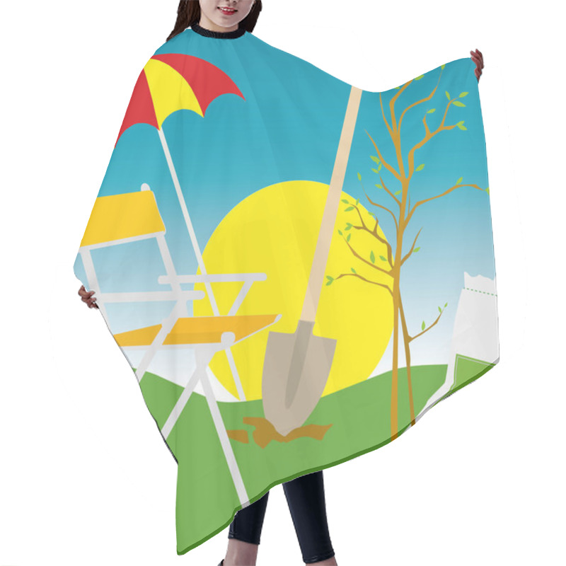 Personality  Vector Illustration With Cuttings Of Trees, Bushes, A Bag Of Fertilizers, A Shovel, A Chair With An Umbrella On The Background Of The Setting Sun Hair Cutting Cape