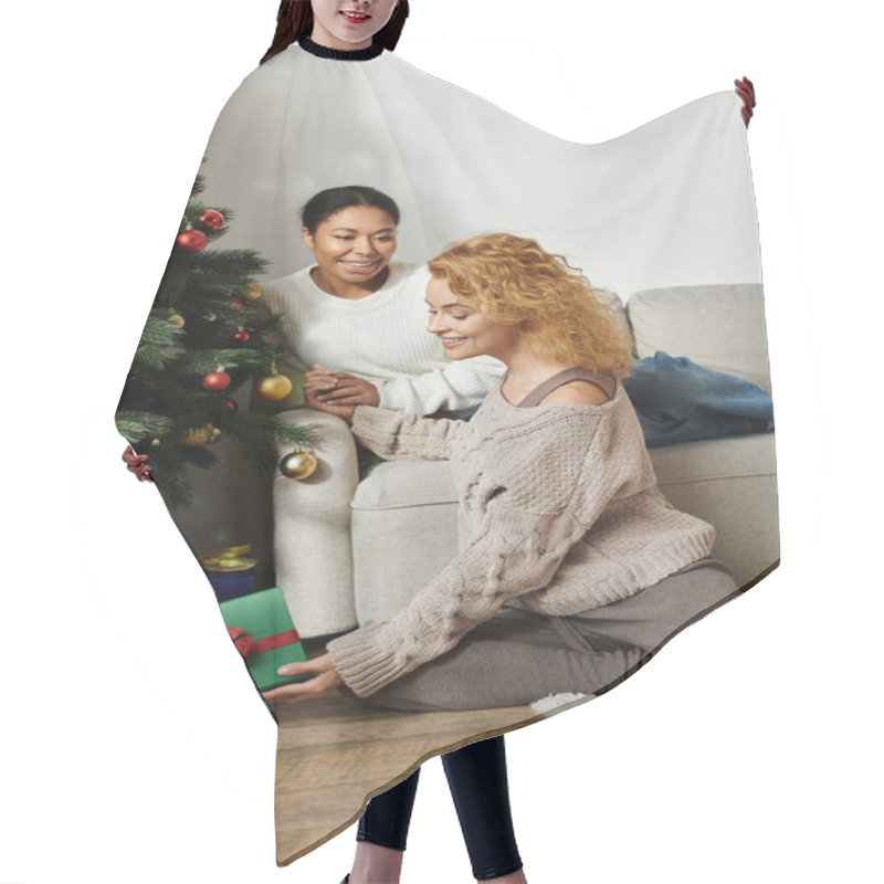 Personality  A Joyful Couple Exchanges Gifts In A Warm, Festive Living Room Adorned With Decorations. Hair Cutting Cape