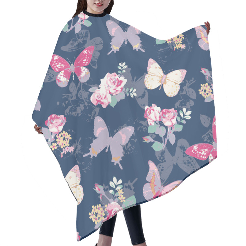 Personality  Seamless Rose With Butterfly On Navy Background Hair Cutting Cape