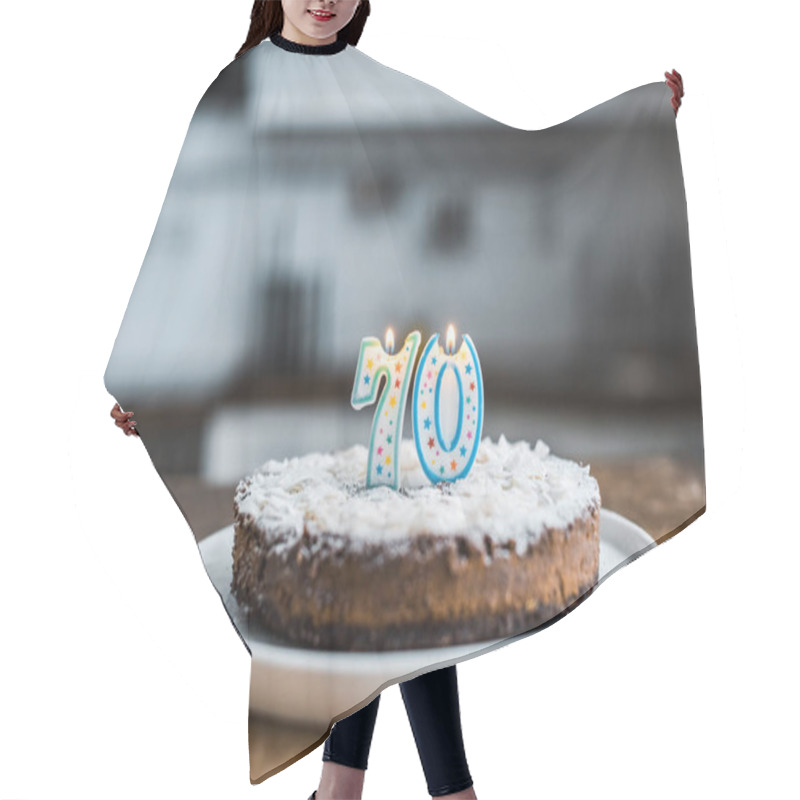 Personality  Selective Focus Of Delicious Birthday Cake With Burning Candles And '70' Sign On Top Hair Cutting Cape