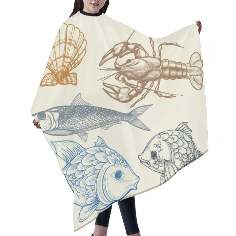 Personality  Fish, Lobster, Shell Vector Set Hair Cutting Cape