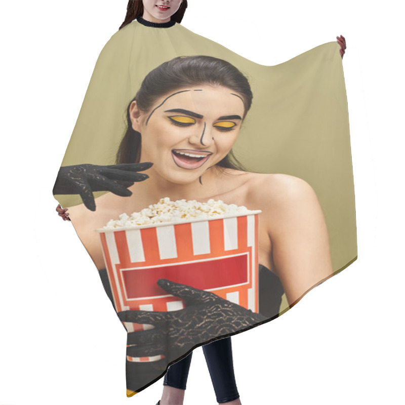 Personality  A Stylish Brunette Woman In Black Gloves Holding A Box Of Popcorn. Hair Cutting Cape