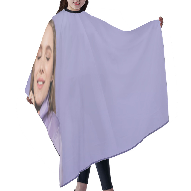 Personality  Pleased Young Woman With Closed Eyes In Trench Coat Isolated On Purple, Banner Hair Cutting Cape