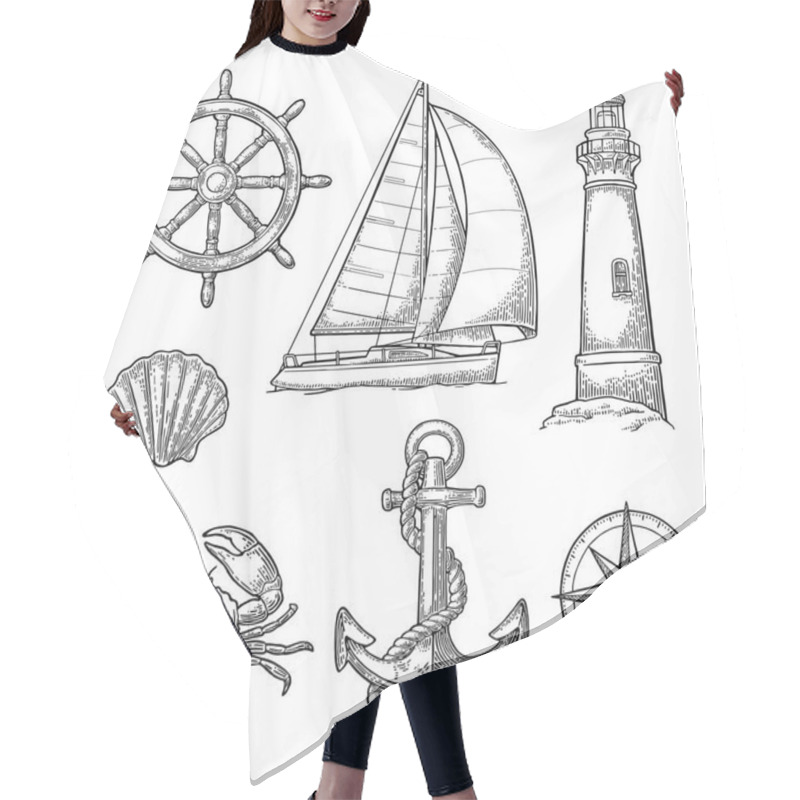 Personality  Anchor, Wheel, Sailing Ship, Compass Rose, Shell, Crab, Lighthouse Engraving Hair Cutting Cape