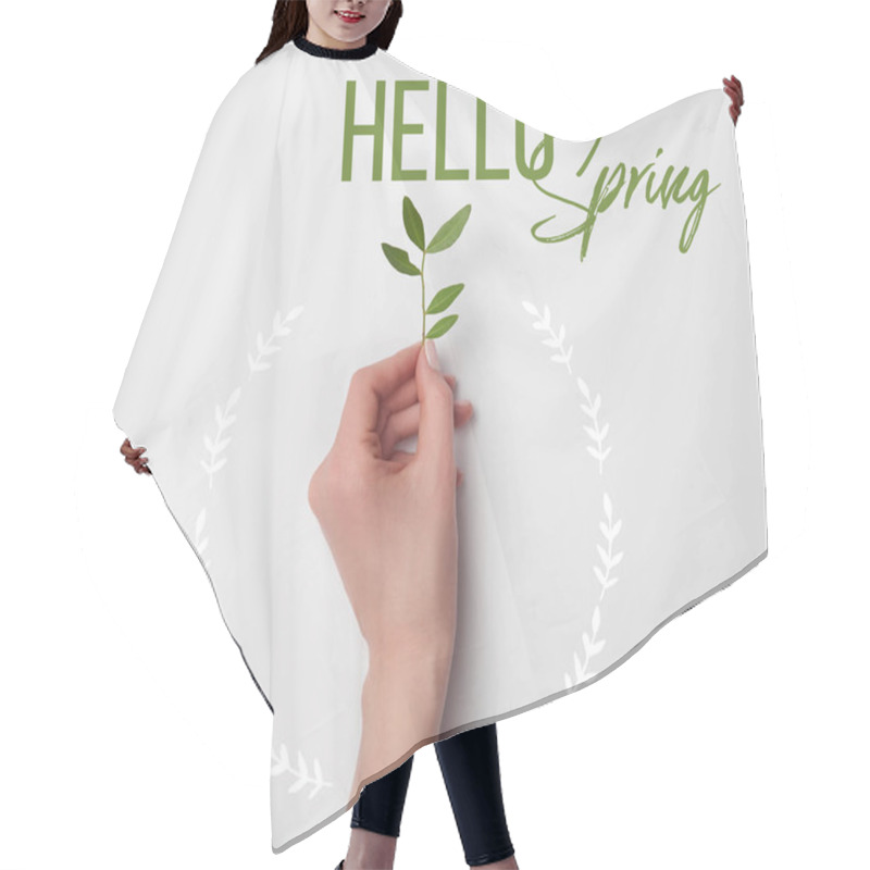 Personality  Top View Of Female Hand With Tea Plant Branch And Hello Spring Lettering On White Background Hair Cutting Cape