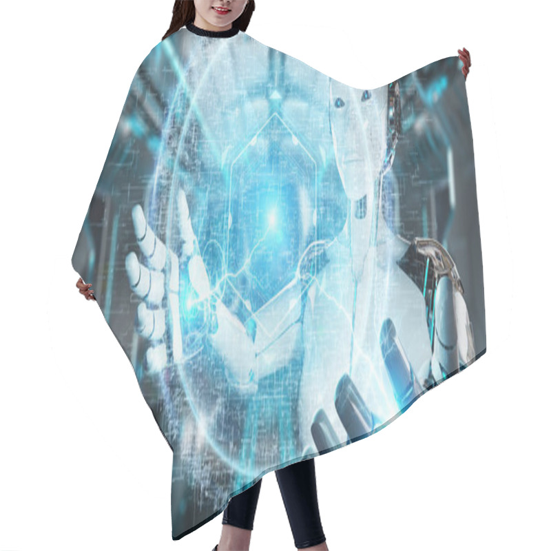 Personality  White Cyborg Woman On Blurred Background Using Digital Eye Surveillance Hologram 3D Rendering Hair Cutting Cape