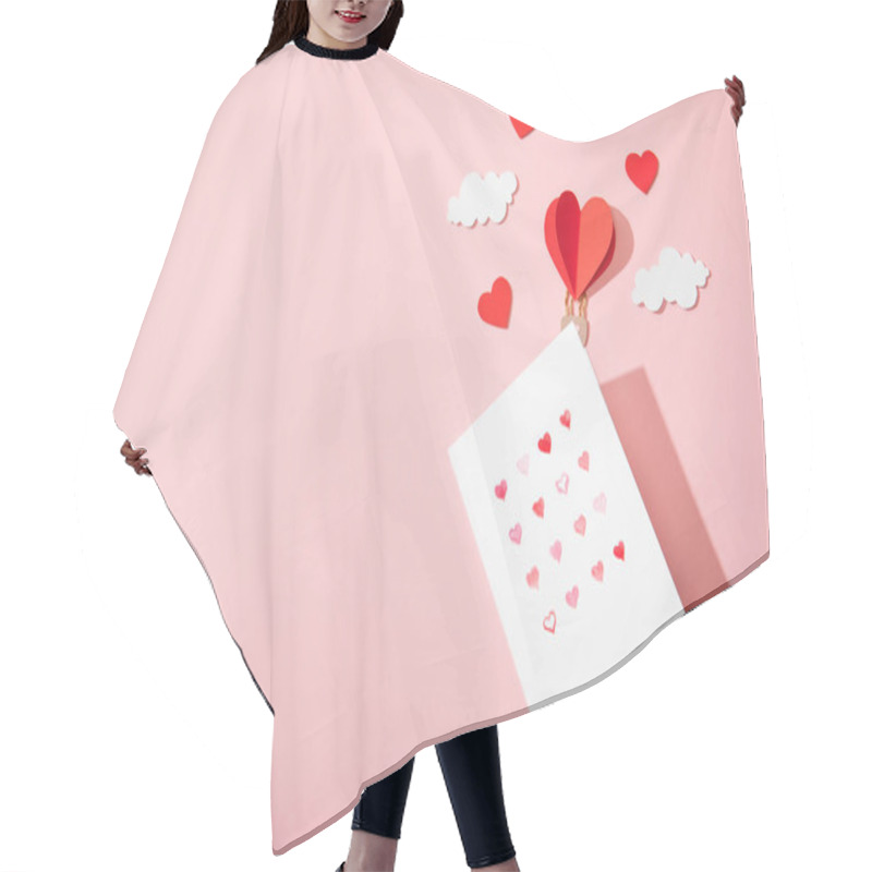 Personality  Top View Of Greeting Card With Hearts In White Envelope Near Paper Heart Shaped Air Balloon In Clouds On Pink Hair Cutting Cape