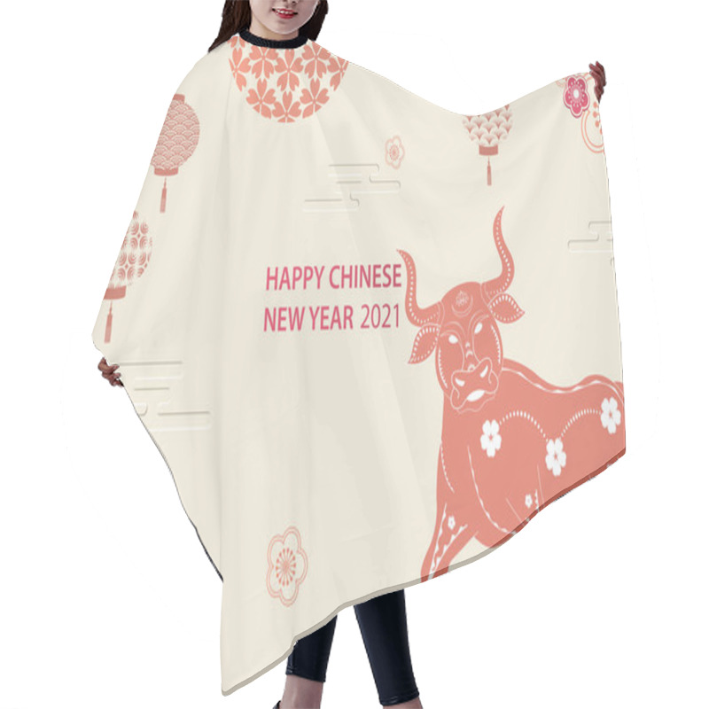 Personality  Happy New Year 2021. A Horizontal Banner With Chinese Elements Of The New Year. .Chinese Lanterns With Patterns In Modern Style, Geometric Decorative Ornaments.Translation From Chinese - Happy New Year, Bull Symbol Hair Cutting Cape