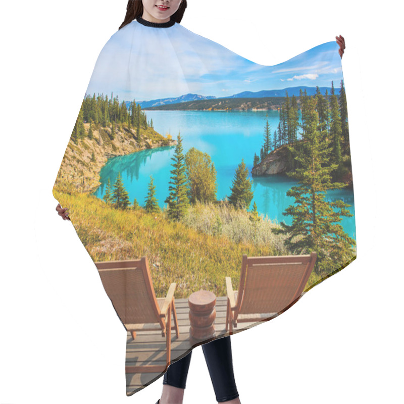 Personality  Two Comfortable Wooden Deckchairs At Abraham Lake, Canada. Hair Cutting Cape