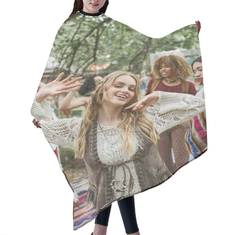 Personality  Joyful And Trendy Young Woman Dancing Near Interracial Friends Outdoors In Retreat Center Hair Cutting Cape