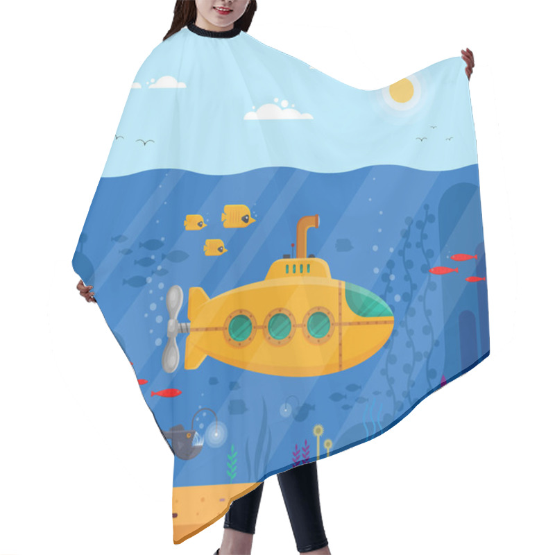 Personality  Yellow Submarine With Periscope Underwater Concept. Marine Life With Fish, Coral, Seaweed, Colorful Blue Ocean Landscape. Bathyscaphe Template For Banner, Poster Or Flyer Cover - Flat Vector Hair Cutting Cape