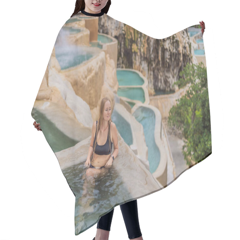 Personality  Female Tourist At The Hot Springs Of Grutas Tolantongo, Mexico. Adventure, Relaxation, And Natural Wellness Concept. Hair Cutting Cape