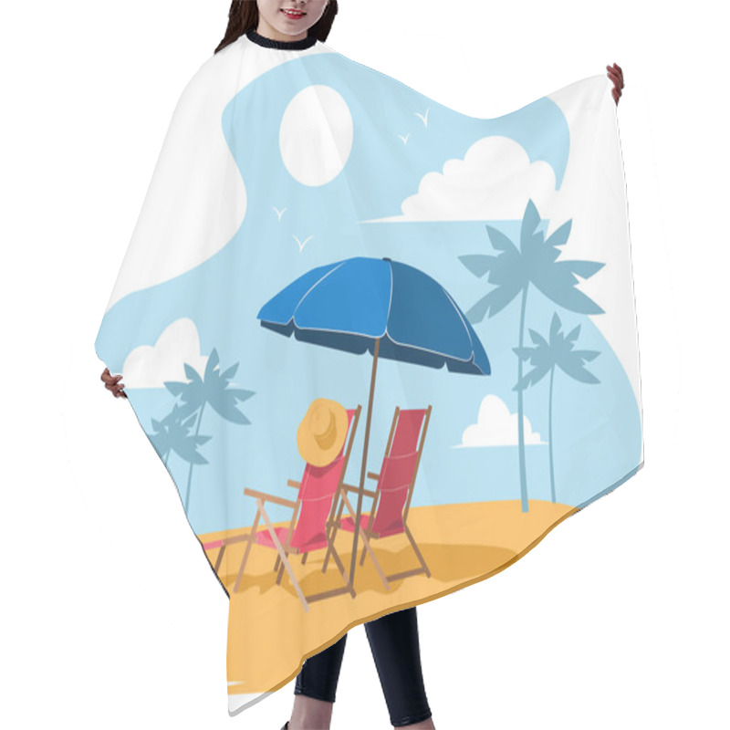 Personality  Sunny Beach With Sun Loungers. Vector Flat Illustration Hair Cutting Cape