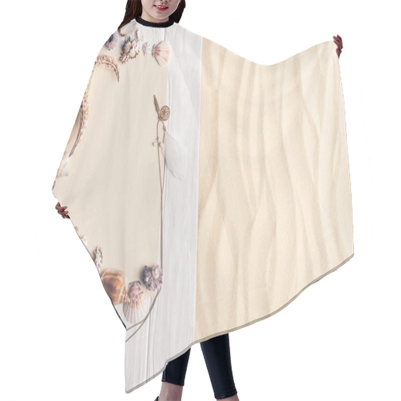 Personality  Summer Travel Template With Seashells On Light Sand Hair Cutting Cape