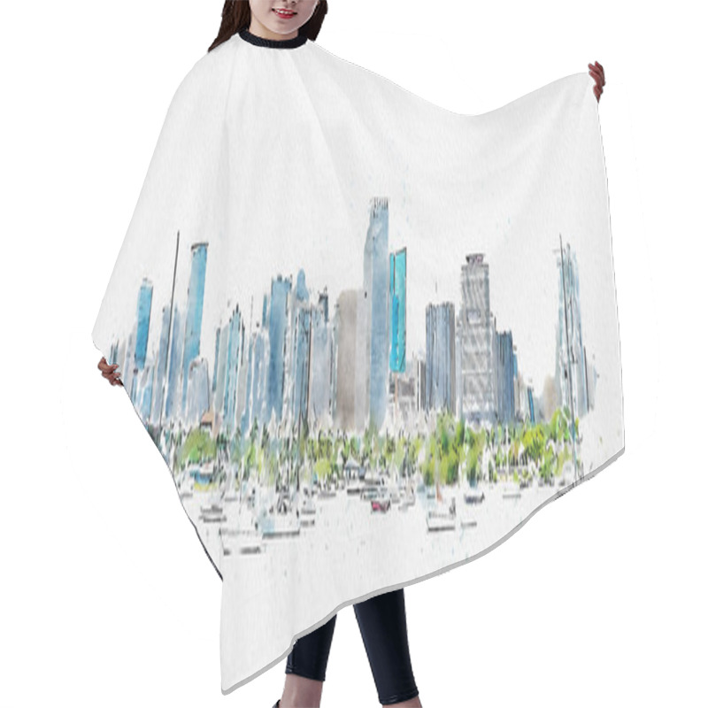 Personality  Watercolor Digital Illustration Of Miami Downtown Skyline Isolated On White Background Hair Cutting Cape