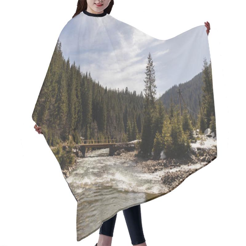 Personality  Mountain River, Wooden Bridge And Forest In Spring  Hair Cutting Cape