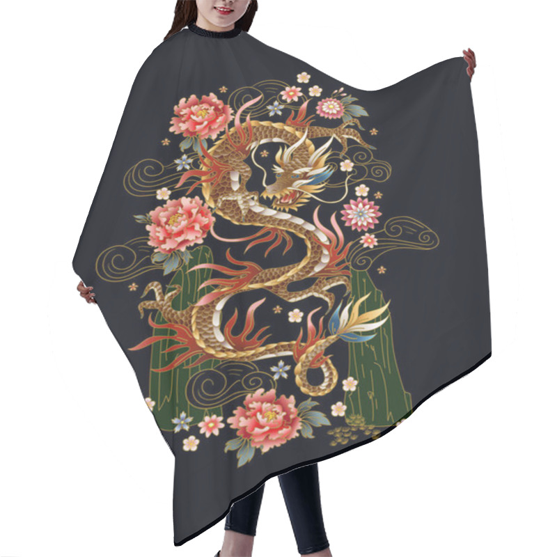 Personality  Chinese Traditional Dragon, Peonies And Sakura. Vector. Hair Cutting Cape