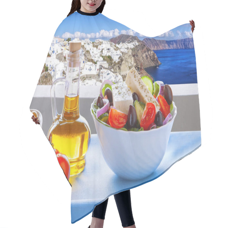 Personality  Greek Salad Against Famous Oia Village, Santorini Island In Greece Hair Cutting Cape