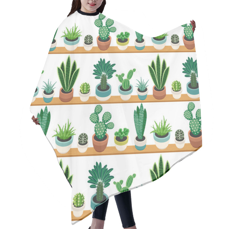 Personality  Seamless Pattern Of Cactuses And Succulents In Pots. Hair Cutting Cape