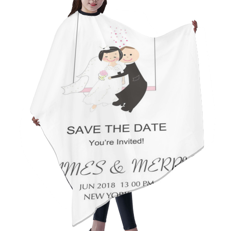 Personality  Wedding Invitation Card. Funny Wedding Couple. Swinging Bride And Groom Vector Background Greeting Card. Hair Cutting Cape