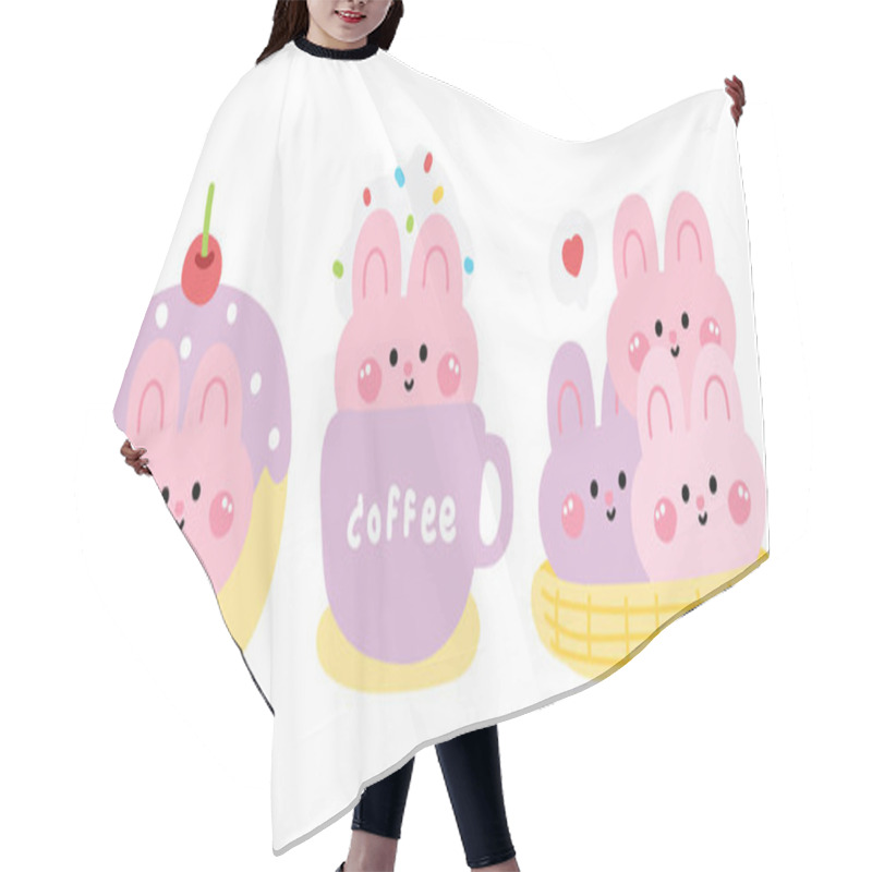 Personality  Set Of Cute Rabbit In Various Menu Bakery.Pastel.Face Bunny.Donut Cherry,coffee,cookies.Rodent Animal Character Cartoon Design.Kawaii.Vector.Illustration Hair Cutting Cape