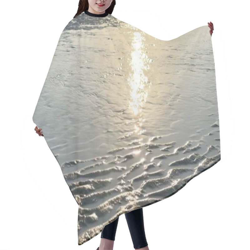 Personality  Tidal Landscape And Sand Shimmer Under Soft Golden Sunlight, Rippling Patterns Creating Luminous Reflections Across Serene Coastal Scenery, Blending Natural Textures With Tranquil Oceanic Hues. Hair Cutting Cape