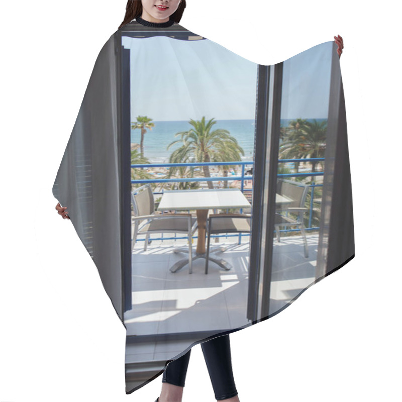 Personality  Table And Chairs On Balcony With Palm Trees And Seascape At Background In Catalonia, Spain  Hair Cutting Cape