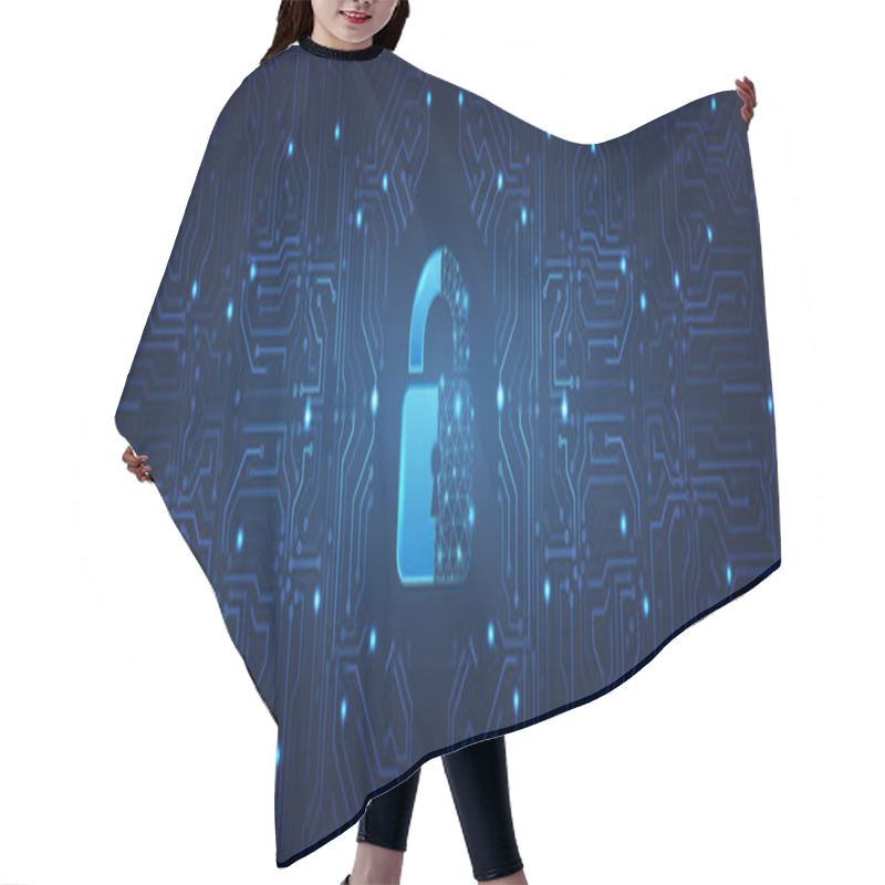 Personality  Internet Security Technology Concept For Business. Confidential Data Protection. Cybersecurity Or Information Privacy Idea. Padlock On The Blue Circuit Board Background. Hair Cutting Cape