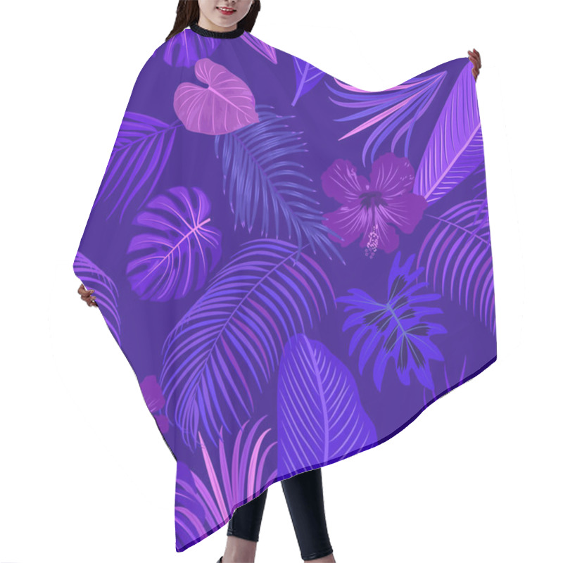 Personality  Seamless Pattern Of Violet And Purple Tropical Leaves, Monstera, Flowers, Jungle Leaves Of Palm Tree, Vector Background.  Hair Cutting Cape