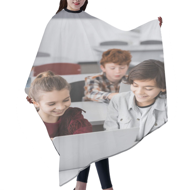 Personality  Cheerful Classmates Near Laptops, Apple And Pupils On Blurred Background Hair Cutting Cape